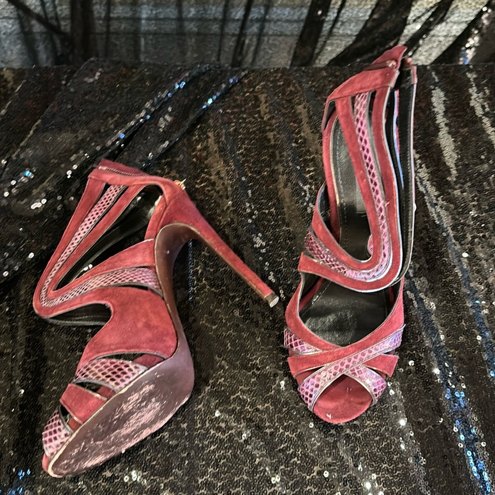 Maroon suede and snakeskin sandals/heels
